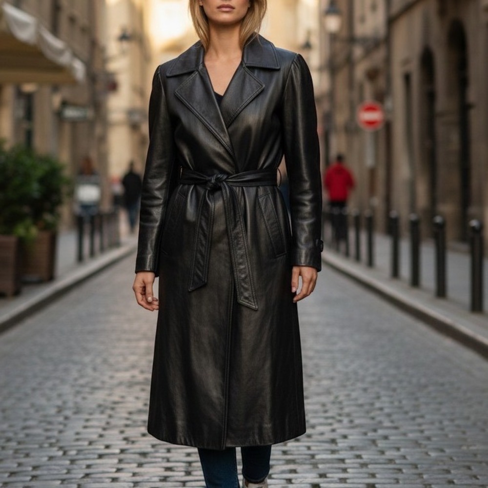 Raffaelo Leather Trench Coat Womens XL Black Excellent Y2K Renaissance Belted